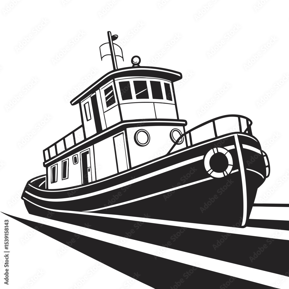 Obraz premium Monochromatic Vector Illustration of a Sturdy Tugboat Sailing on a Calm Sea with Stylized Wake Trails