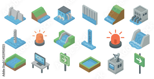 Water control isometric icons set – hydropower, dam, irrigation symbols