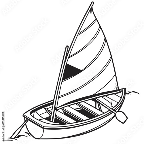 Line Art Illustration of a Sailboat with Oars Gently Gliding on Water Surface Serene Nautical Scene