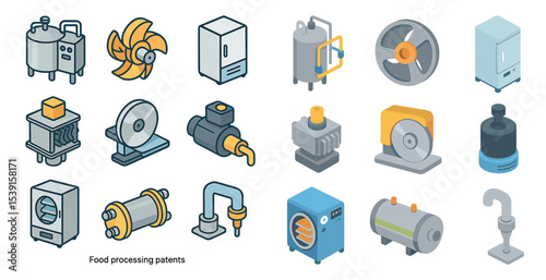 Food processing patents 3d icons set – isometric, industrial, machinery illustrations