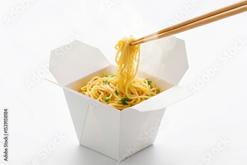 Hot Noodles in White Takeout Box with Chopsticks – Asian Food Packaging Concept