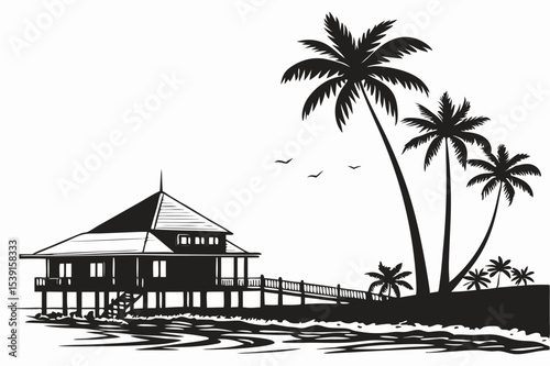 Tropical Paradise Beach House Silhouette with Palm Trees and Birds Peaceful Island Getaway Artistic Black and White