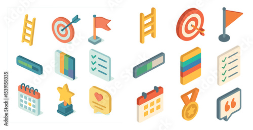 Task management isometric icons set – checklist, productivity, organization symbols