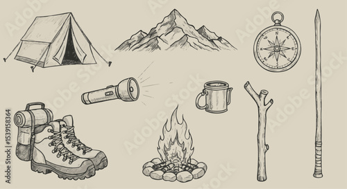 Adventure Awaits Explore nature with camping gear including tent boots compass and campfire