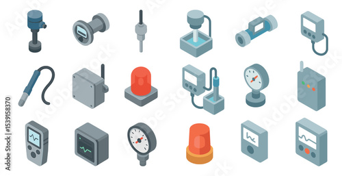 Industrial and technology icons set – isometric, 3d, machinery and equipment symbols