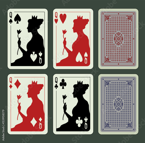 Queen Spades, Hearts, Diamonds, Clubs suits. Vector playing poker cards.  Design №3.