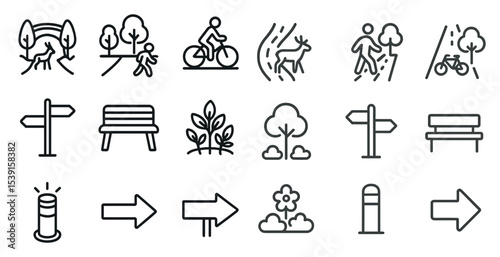 Outdoor adventure line icons set – nature, recreation, hiking and cycling symbols