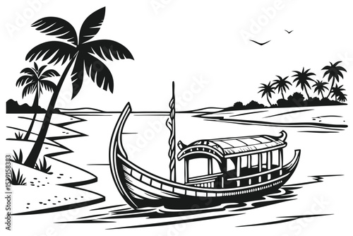 Monochrome Kerala Backwaters Scene with Houseboat Palm Trees and Birds Capturing the Essence of Tranquil South Indian Landscape