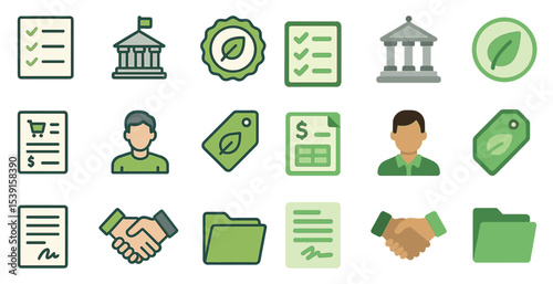 Eco-friendly business icons set – outline, sustainability, green workplace symbols