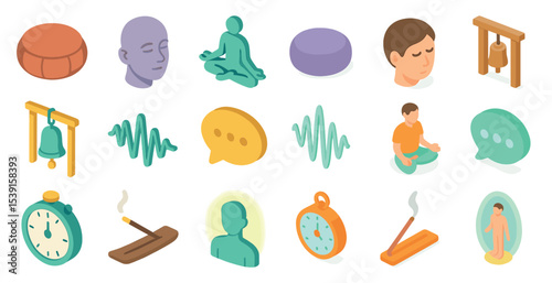 Meditation and relaxation icons set – isometric, calm, mindful symbols