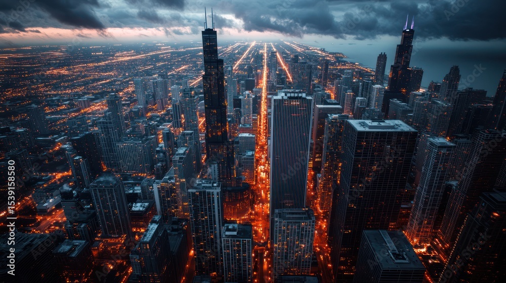 Fototapeta premium Aerial view of a city at twilight, illuminated streets, skyscrapers