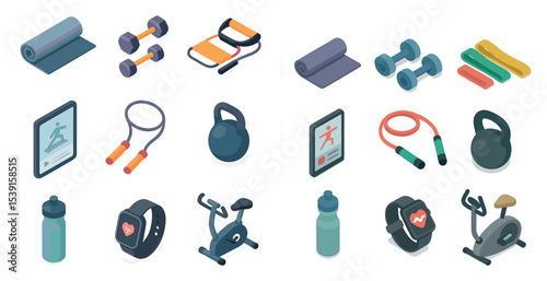 Fitness and workout isometric icons set – gym, exercise, home training graphics
