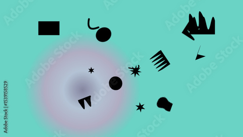 Abstract Teal Background with Scattered Black Geometric Shapes and Gradient Circle
