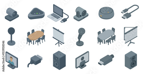 Conference and meeting isometric icons set – 3d, business, presentation symbols