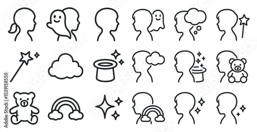 Children's magic icon set – outline, linear, fantasy and playful symbols
