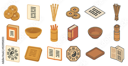 Ancient chinese culture icons set – isometric, outline, traditional symbols