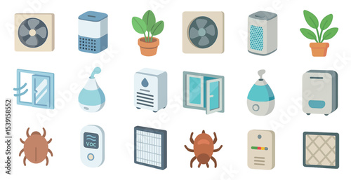 Home air quality isometric icons set – ventilation, purification, climate control symbols