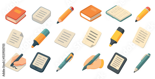 Reading and writing icons set – isometric, flat, literature and stationery symbols
