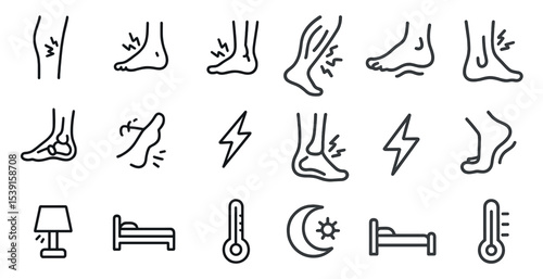 Foot pain and temperature outline icons set – line, linear, health and wellness symbols
