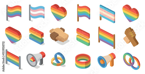 Lgbtq+ pride isometric icons set – colorful, 3d, diversity and inclusion symbols