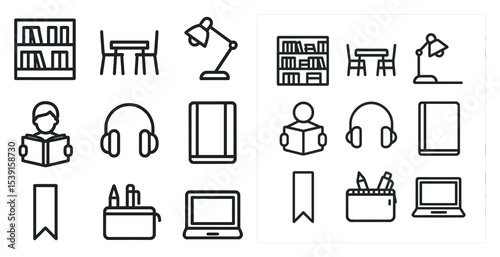Library and study icons set – outline, linear, reading and education symbols