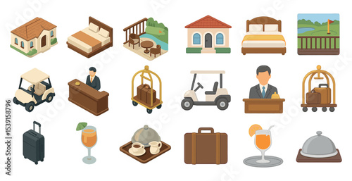 Hotel and hospitality flat icons set – travel, service, and accommodation symbols