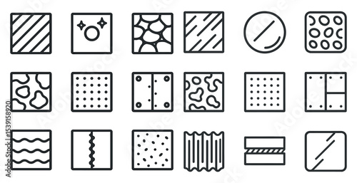 Texture and material outline icons set – linear, line, pattern and surface symbols