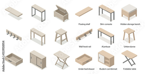 Furniture and home decor icons set – isometric, storage and interior design symbols