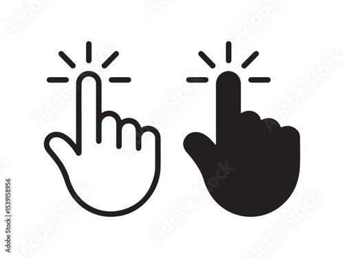 Hand cursor icon clicking with sound effect lines.