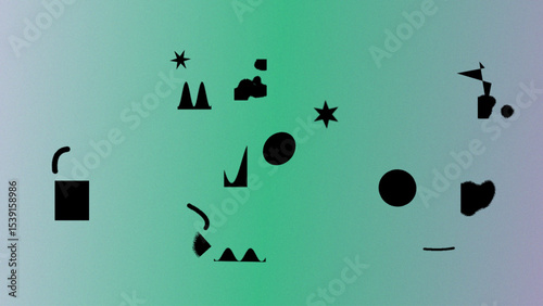 Abstract Teal Gradient Background with Scattered Black Geometric Shapes and Symbols
