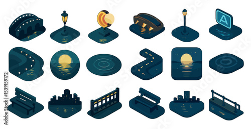 Nighttime isometric icons set – cityscape, moonlit, urban night design symbols