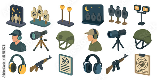 Shooting and range isometric icons set – targets, silhouettes, gun safety visuals