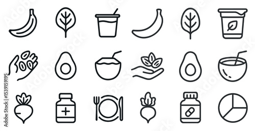 Healthy food outline icons set: flat, vegan and organic nutrition symbols