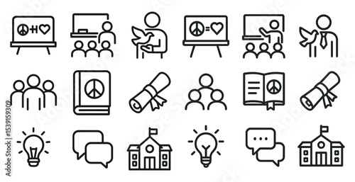 Peace and education line icons set – outline, classroom, learning symbols