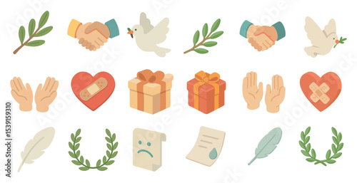 Peace and kindness icons set – flat, filled, harmony and goodwill symbols