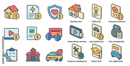 Billing and payments flat icons set – utility, finance, monetary symbols for invoices