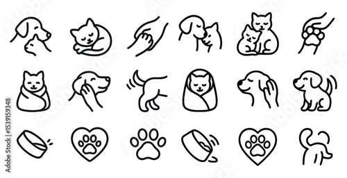 Pet care outline icons set – silhouette, linear, animal and veterinary symbols