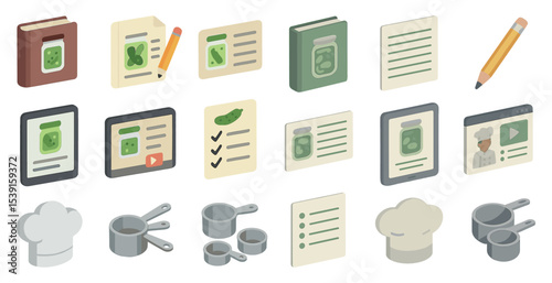Culinary and recipe isometric icons set – chef, kitchen, cooking symbols