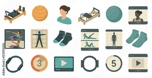 Home workout flat icons set – fitness, exercise, virtual training symbols