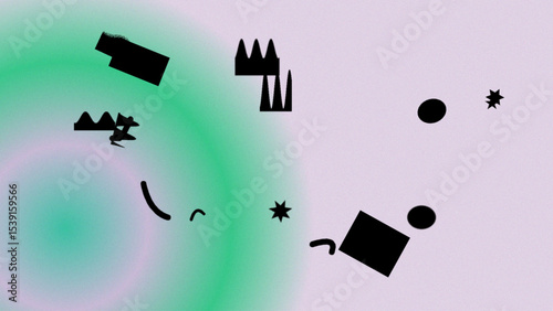 Abstract Composition of Geometric Shapes and Stars on a Gradient Background