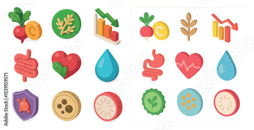 Health and nutrition flat icons set – wellness, dietary, and fitness symbols