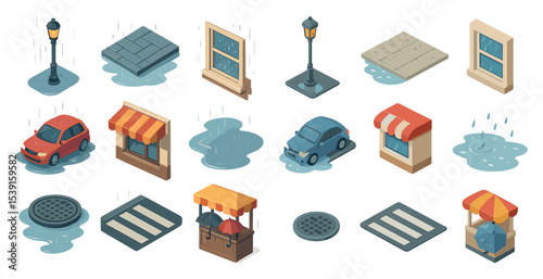 Rainy day isometric icons set – 3d, flat, urban street and weather symbols