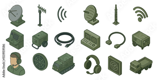 Communications technology icons set – isometric, outline, connectivity and network symbols