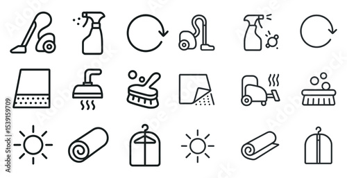 Cleaning and maintenance icons set – linear, outline, housekeeping and sanitation symbols