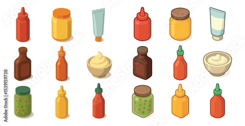 Condiments isometric icons set – food, sauce bottles and packaging design symbols
