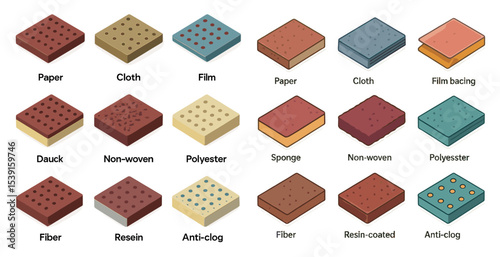 Sandpaper and abrasives icons set – flat, filled, polishing, grinding tools