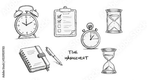Effective Time Management Strategies Illustrated Clock Stopwatch Checklist Planner Notebook Pen Hourglass Sketch