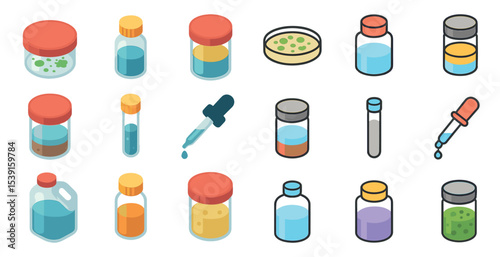 Science and laboratory isometric icons set – research, experiment, lab equipment