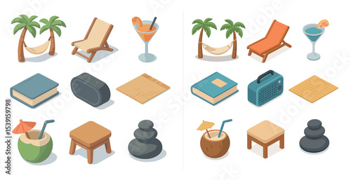 Vacation and relaxation icons set – isometric, 3d, leisure and holiday symbols