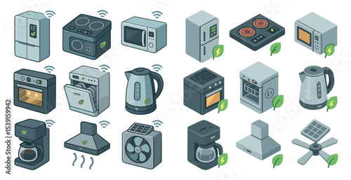Smart home appliances isometric icons set – 3d, household and energy-efficient symbols